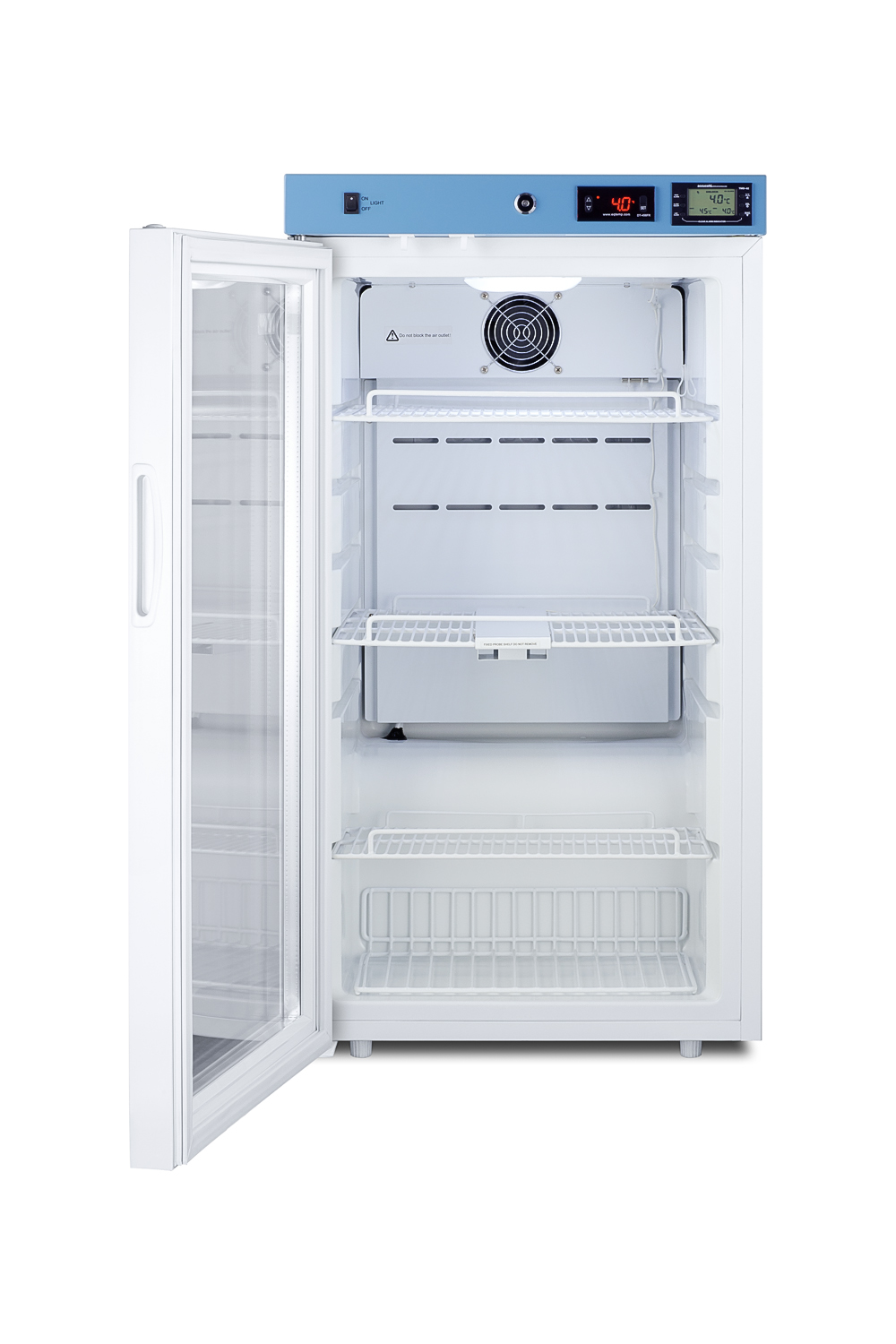 Healthcare all-refrigerator certified to NSF/ANSI 456 with self-closing glass door, front lock, digital controls, and NIST-calibrated temperature readout